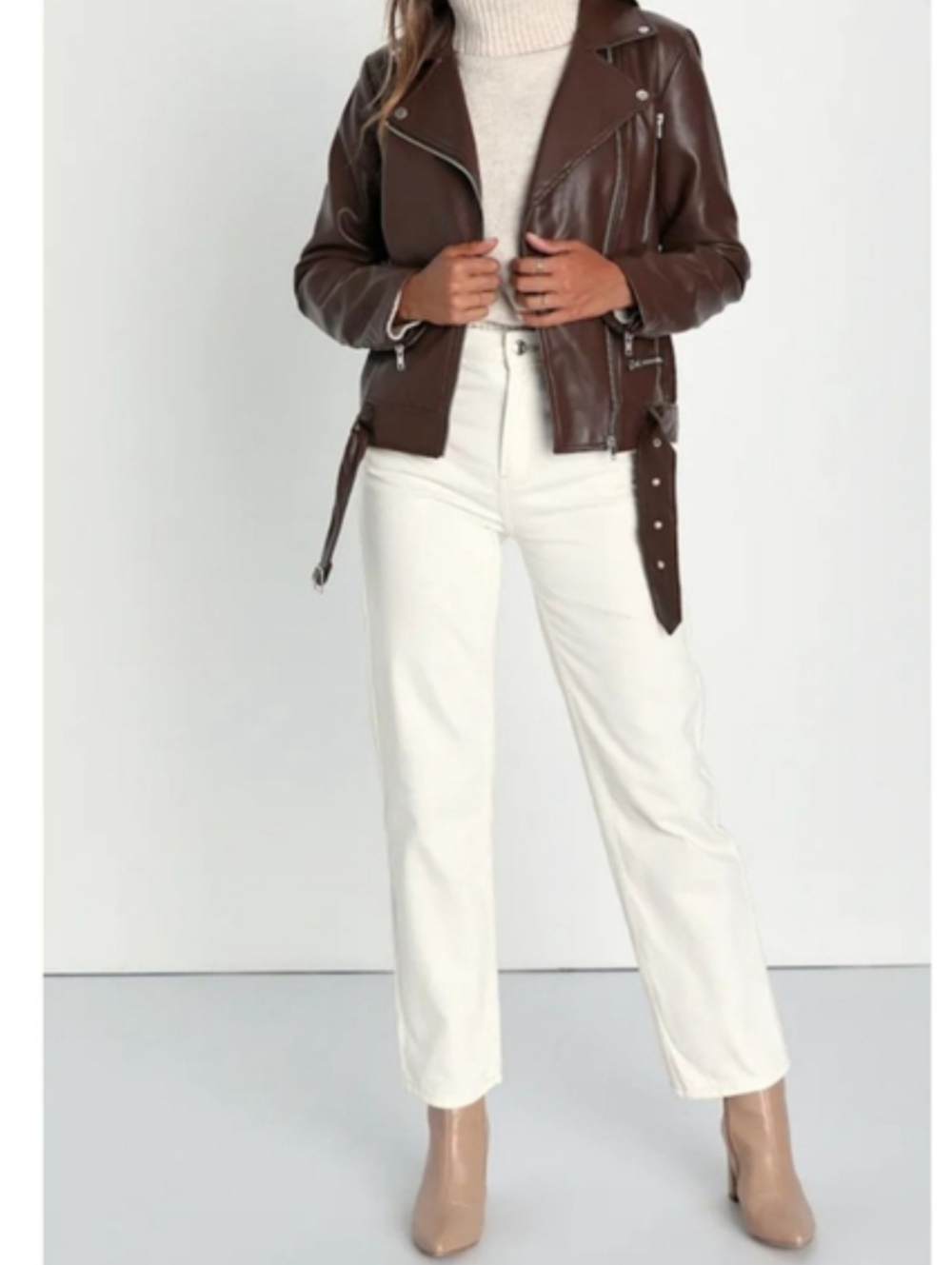 Lulus Brown Behavior Vegan Leather Moto Jacket Oversized Belted NWT Small - Picture 8 of 15